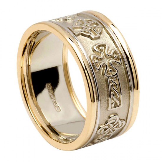 Gold Celtic Cross Ring with Yellow Gold Trim