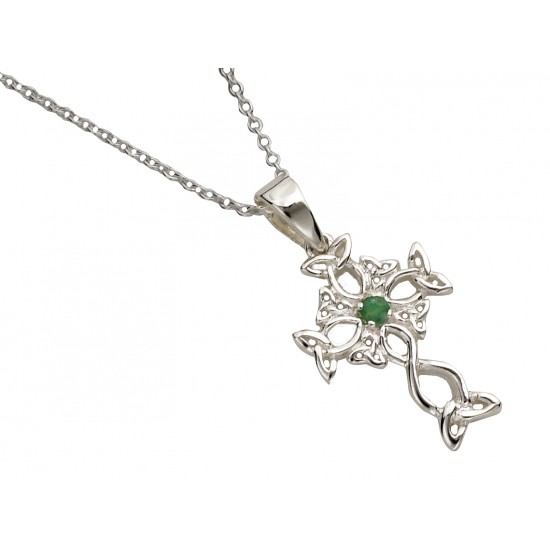 Silver Celtic Design Cross with Emerald Center