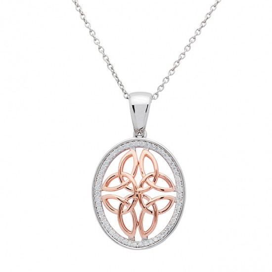 Silver Round Two Tone Rose Gold Celtic Knot Pendant set in Cubic Zirconia 
