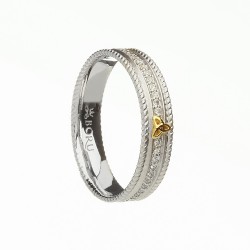 Silver with Gold Trinity Knot and Cubic Zirconia Narrow Celtic Ring with Rope Edges - Brushed Finish