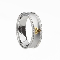 Silver with Gold Trinity Knot and Cubic Zirconia Wide Celtic Ring with Rope Edges - Brushed Finish