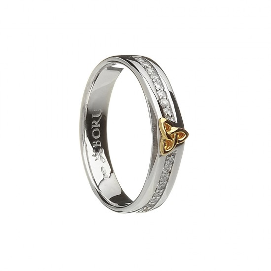 Silver with Gold Trinty Knot With CZ Narrow Celtic Ring