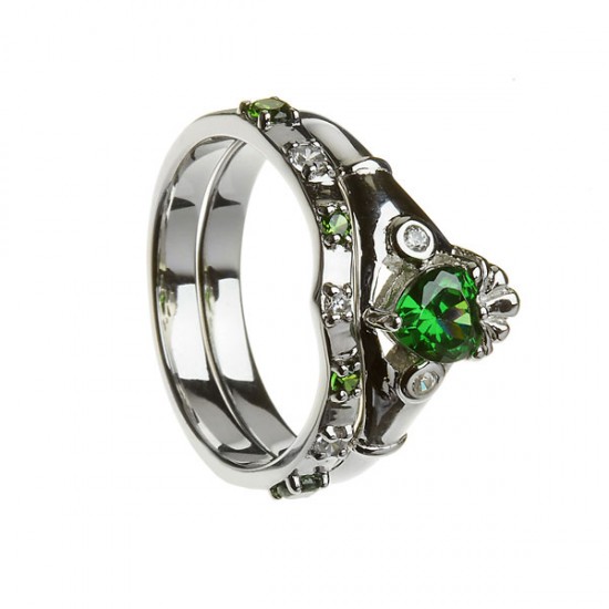 Gold Emerald and Cubic Zirconia Claddagh with Matching Ring