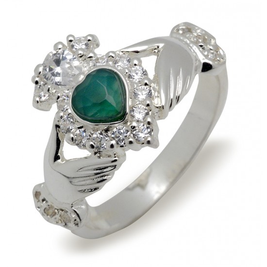 Silver Classic Claddagh Ring Set With Heart Shape Green Agate and Cubiz Zirconias