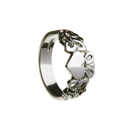 Silver Ladies Claddagh Heart Ring with Trinity Knot Shank