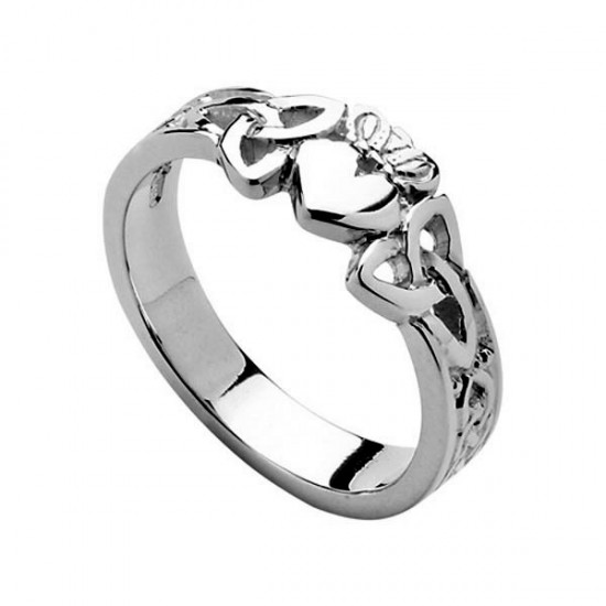 Silver Ladies Claddagh Heart Ring with Trinity Knot Shank