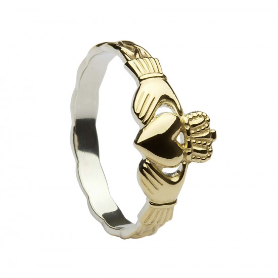Gold On Silver Classic Claddagh Ring With Celtic Weave Shank