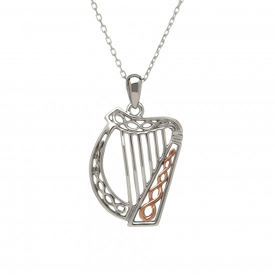 Silver and Rose Gold Celtic Harp Pendant