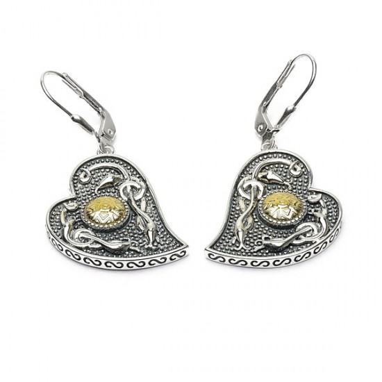 Silver Oxidised Celtic Heart Earrings with 18K Gold Bead