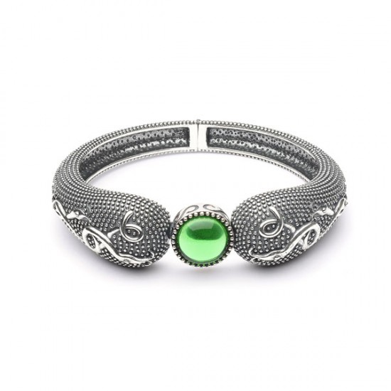 Silver Oxidised Celtic Raised Bangle with Green Glass Stone