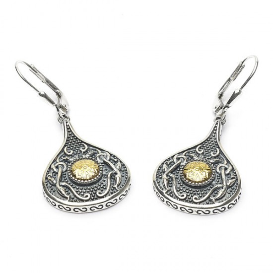 Silver Oxidised Celtic Teardrop Earrings with 18K Gold Bead