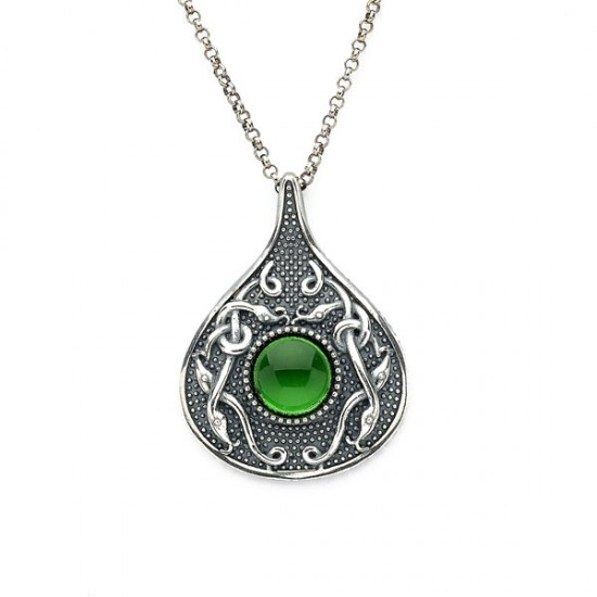 Silver Oxidised Celtic Teardrop Pendant with Green Glass Stone